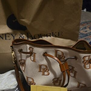 Dooney & Bourke Cream and Brown Logo Drawstring Tote